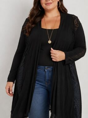 JSP Woman 2X Black Lace Open Front Long Cardigan Duster Plus Size